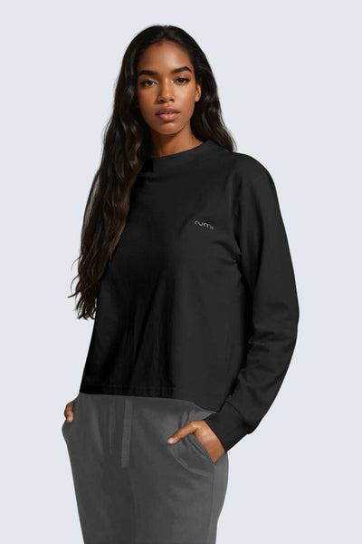 Rumi Earth - W Moon Tee Mock - Neck Long - Sleeve - Black - R111222BKP - Tops